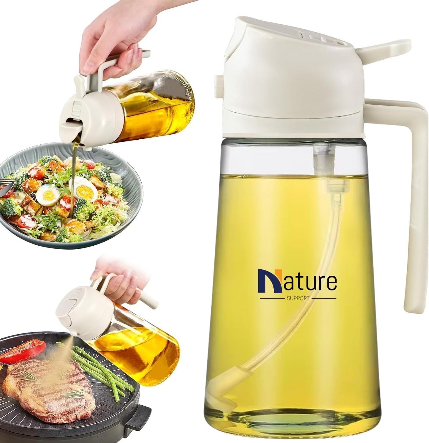 16oz/470ml Oil Sprayer for Cooking, 2 in 1 Glass Olive Oil Dispenser Bottle for Kitchen, Air Fryer, Salad & BBQ, Leakproof Design