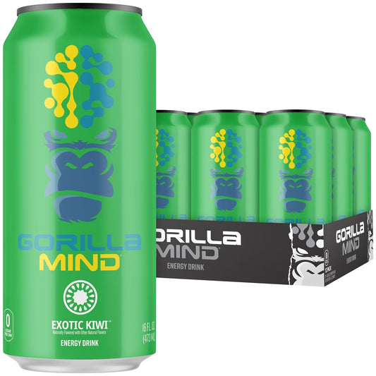 Gorilla Mind Energy Drink | Unmatched Energy · Amplified Focus | N-Acetyl-L-Tyrosine, Alpha-GPC, 200mg Caffeine, Uridine, Saffron | 0 Sugar Or Artificial Colors | 16oz, 12-Pack (Exotic Kiwi)