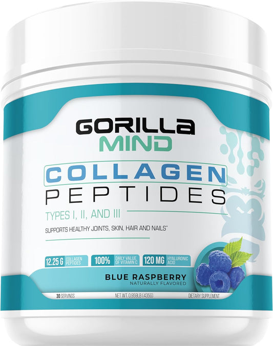 Gorilla Mind Collagen Peptides Powder - Supports Hair, Skin & Nails - Blue Raspberry (30 Servings)
