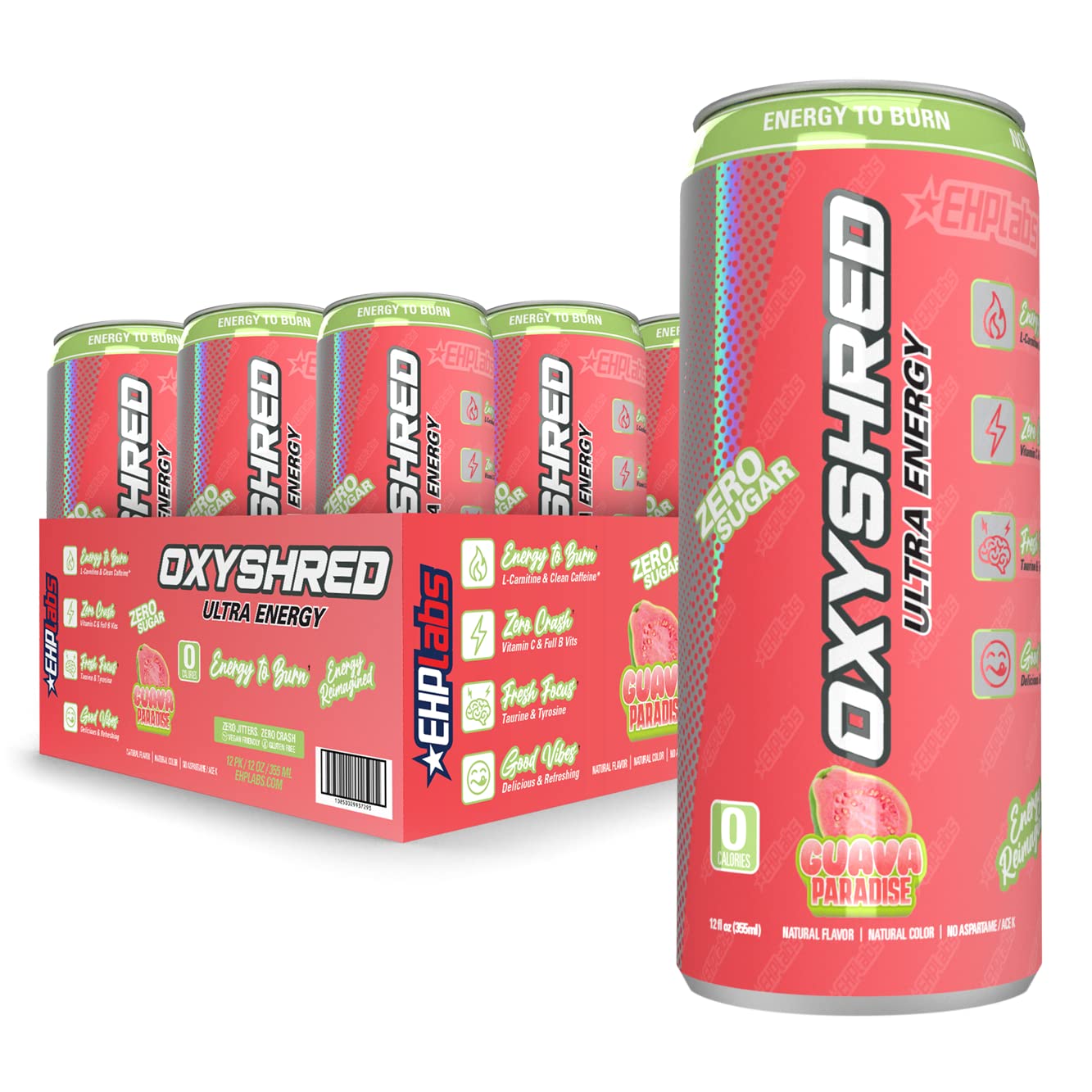 EHP Labs|OxyShred Energy Drink| with L-Carnitine|Guava Paradise|12 Drinks, 12 Fl Oz. Each)