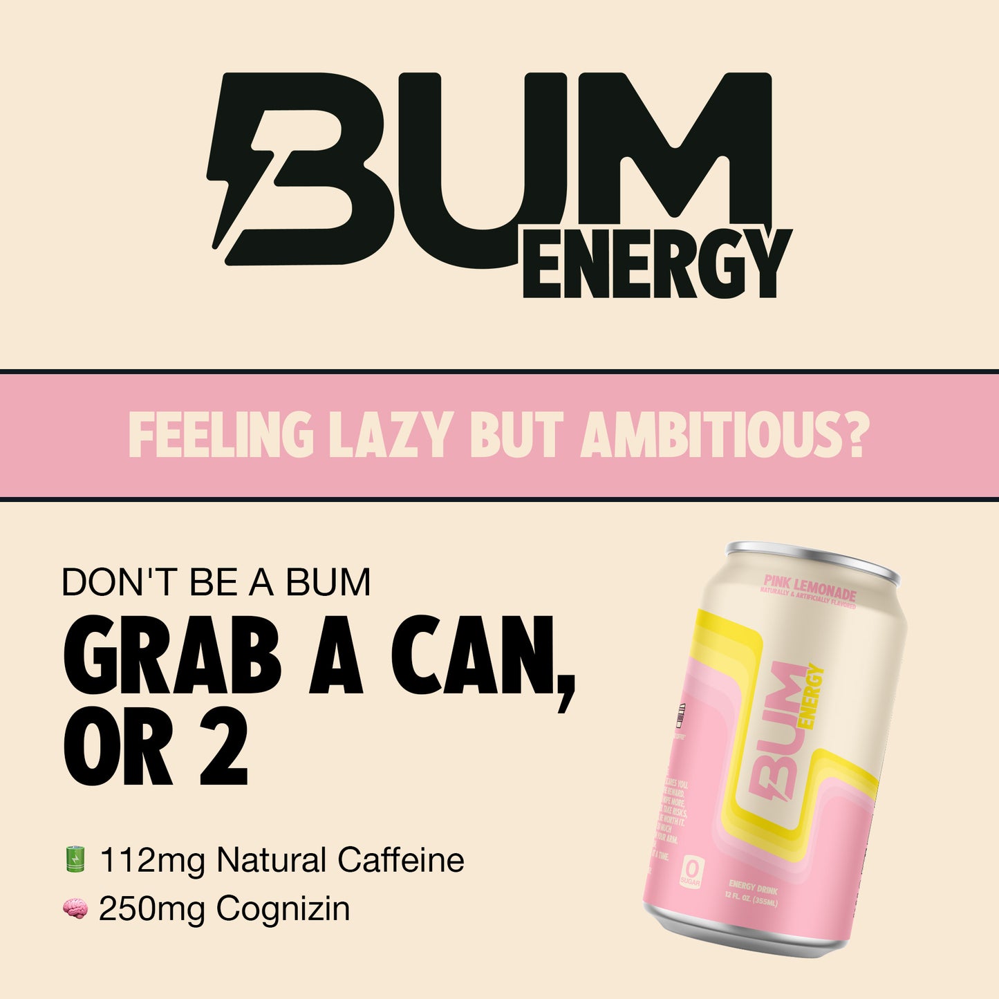 BUM Energy Drink|Pink Lemonade Flavor-(12 Drinks, 12 Fl. Oz. Each)