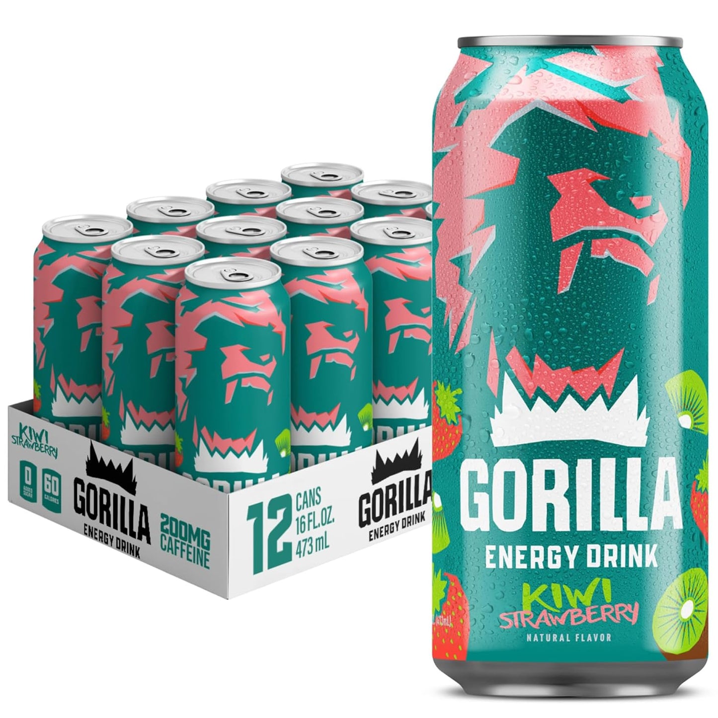 Gorilla Energy Drink, Kiwi Strawberry, 200mg Natural Caffeine, L-Theanine, Taurine, Ginseng, Acetyl L-Carnitine, No Added Sugar and No Artificial Colors, Real Fruit Juice Squeezed & Concentrated, 12 Pack