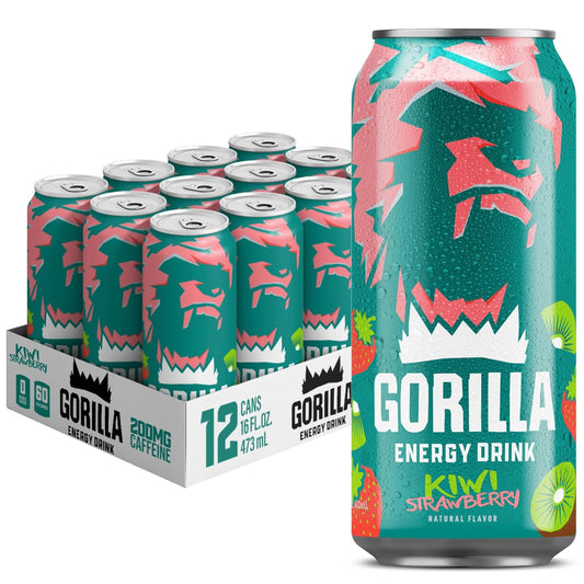 Gorilla Energy Drink, Kiwi Strawberry, 200mg Natural Caffeine, L-Theanine, Taurine, Ginseng, Acetyl L-Carnitine, No Added Sugar and No Artificial Colors, Real Fruit Juice Squeezed & Concentrated, 12 Pack