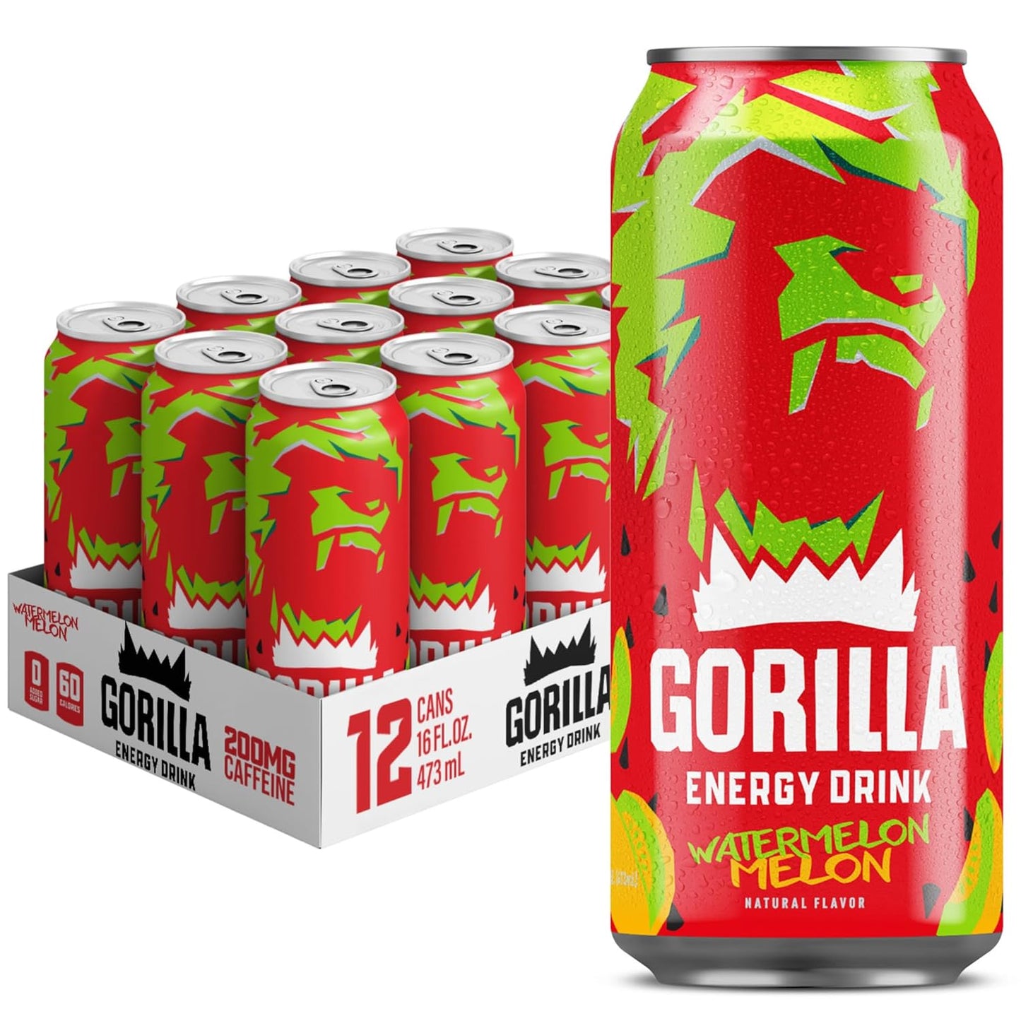 Gorilla Energy Drink, Watermelon Melon, 200mg Natural Caffeine, L-Theanine, Taurine, Ginseng, Acetyl L-Carnitine, No Added Sugar and No Artificial Colors, Real Fruit Juice Squeezed & Concentrated, 12 Pack