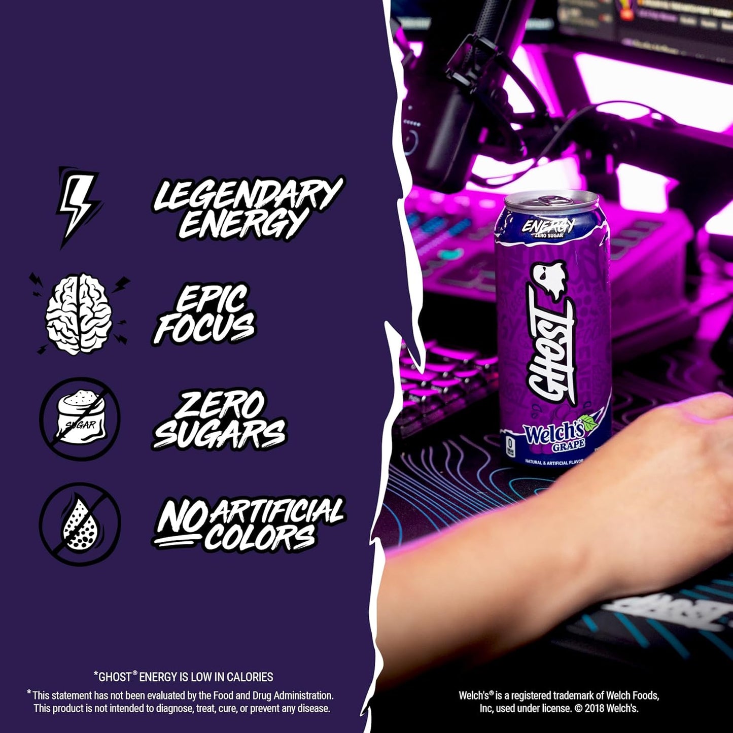 GHOST Energy Drink - Zero Sugar - Welch's Grape (12 Drinks, 16 Fl Oz. Each)