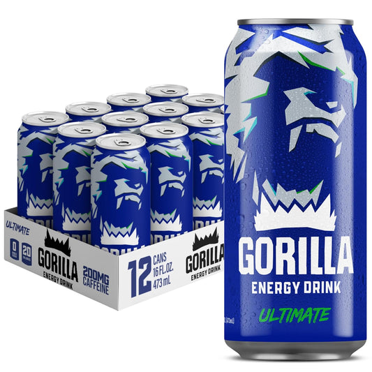 Gorilla Energy Drink, Ultimate, 200mg Natural Caffeine, L-Theanine, Taurine, Ginseng, Acetyl L-Carnitine, B Vitamins, No Added Sugar and No Artificial Colors, 16 oz Cans, 12 Pack
