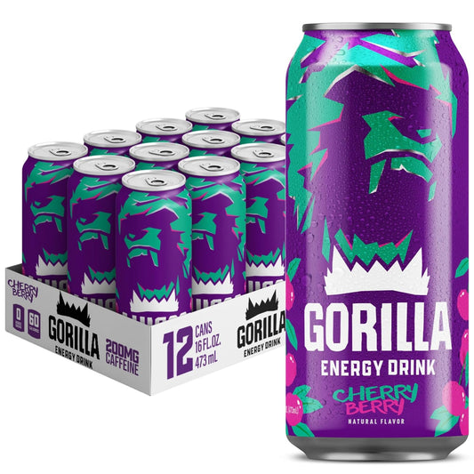 Gorilla Energy Drink, Ultimate, 200mg Natural Caffeine, L-Theanine, Taurine, Ginseng, Acetyl L-Carnitine, B Vitamins, No Added Sugar and No Artificial Colors, 16 oz Cans, 12 Pack