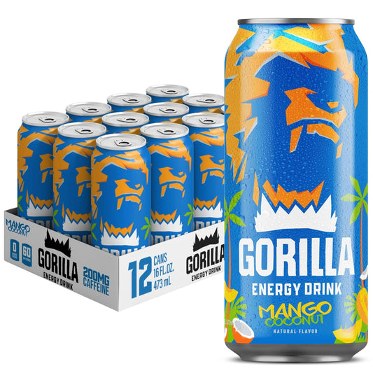 Gorilla Energy Drink, Mango Coconut, 200mg Natural Caffeine, L-Theanine, Taurine, Ginseng, Acetyl L-Carnitine, No Added Sugar and No Artificial Colors, Real Fruit Juice Squeezed & Concentrated, 12 Pack