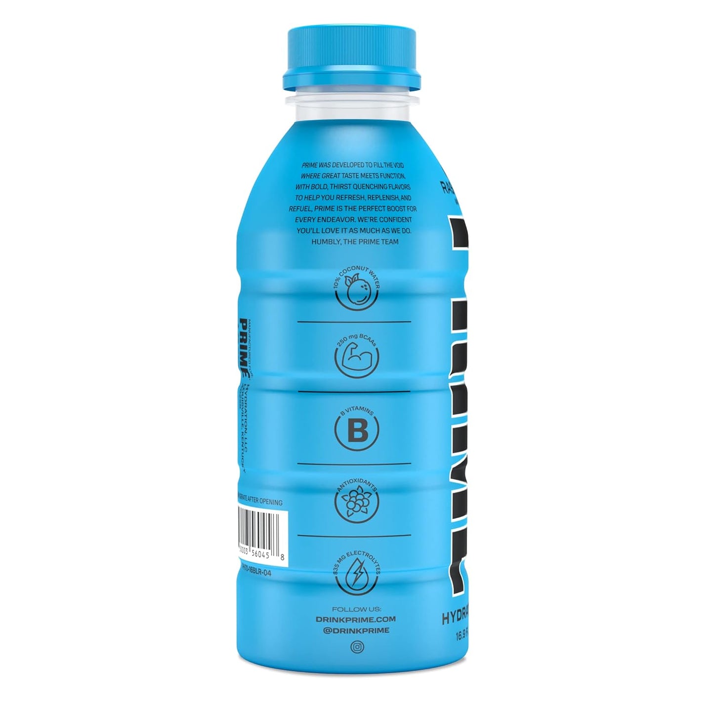 Prime Hydration with BCAA Blend for Muscle Recovery - Blue Raspberry (12 Drinks, 16 Fl Oz. Each)