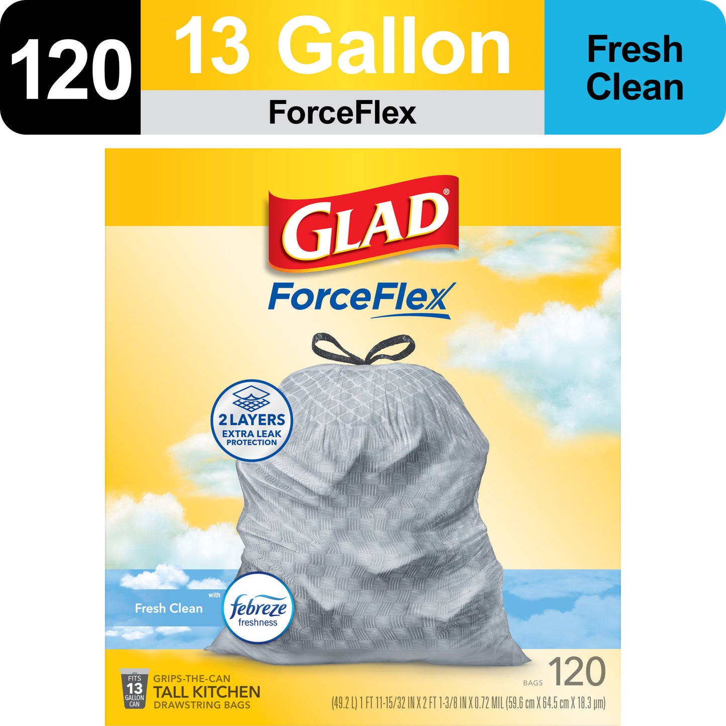 Glad|ForceFlex Tall Kitchen Drawstring Trash Bags|13 Gallon, Gain Fresh Clean with Febreze Freshness-(120 Count)