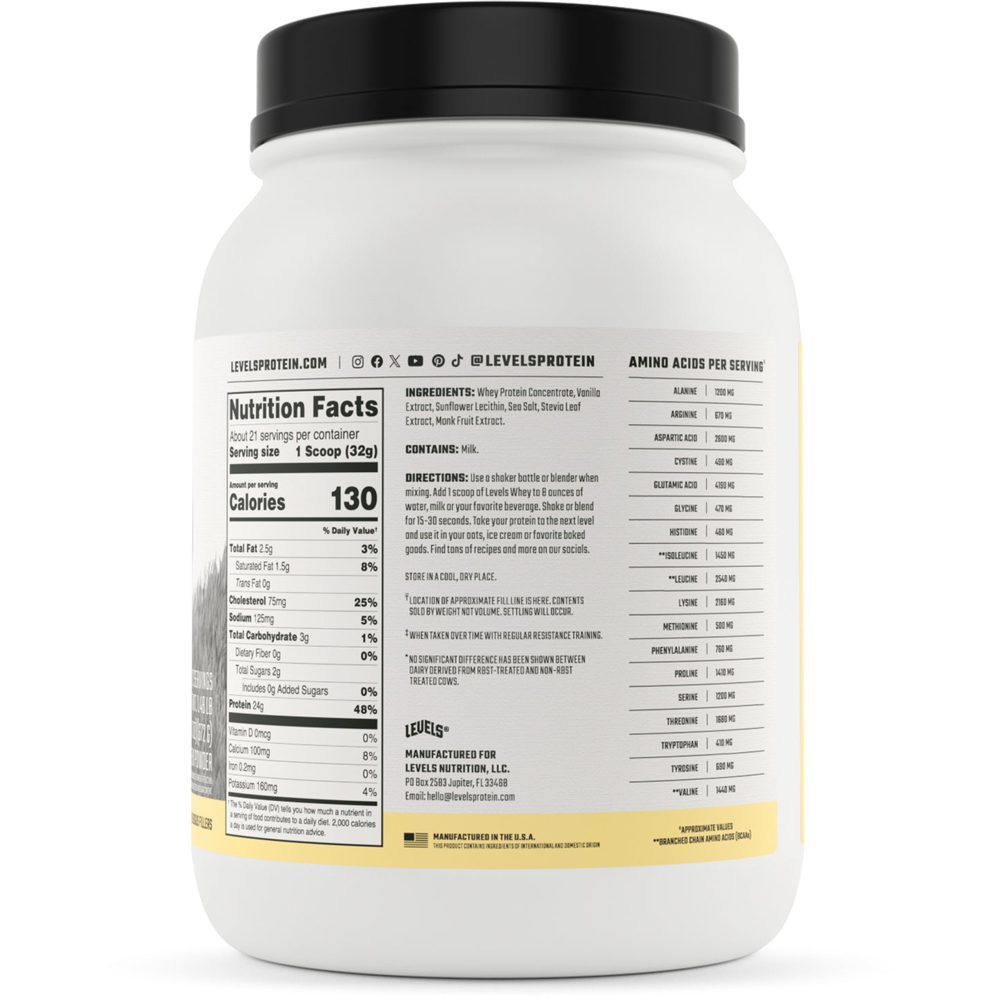 Levels Grass Fed Whey Protein Powder|No Artificials|24G of Protein|Vanilla Bean|1.48LB